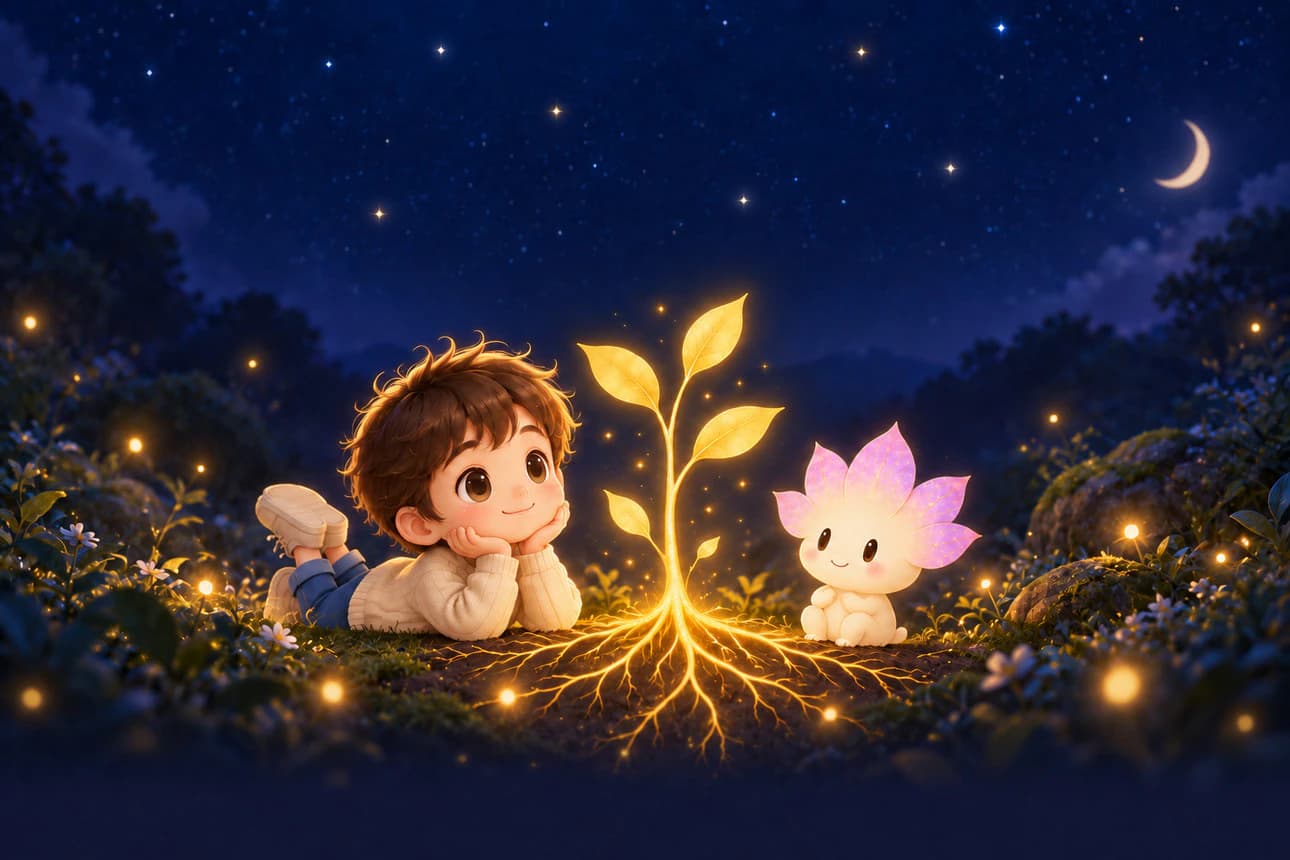 A child looking into a glowing inner world of thoughts and choices