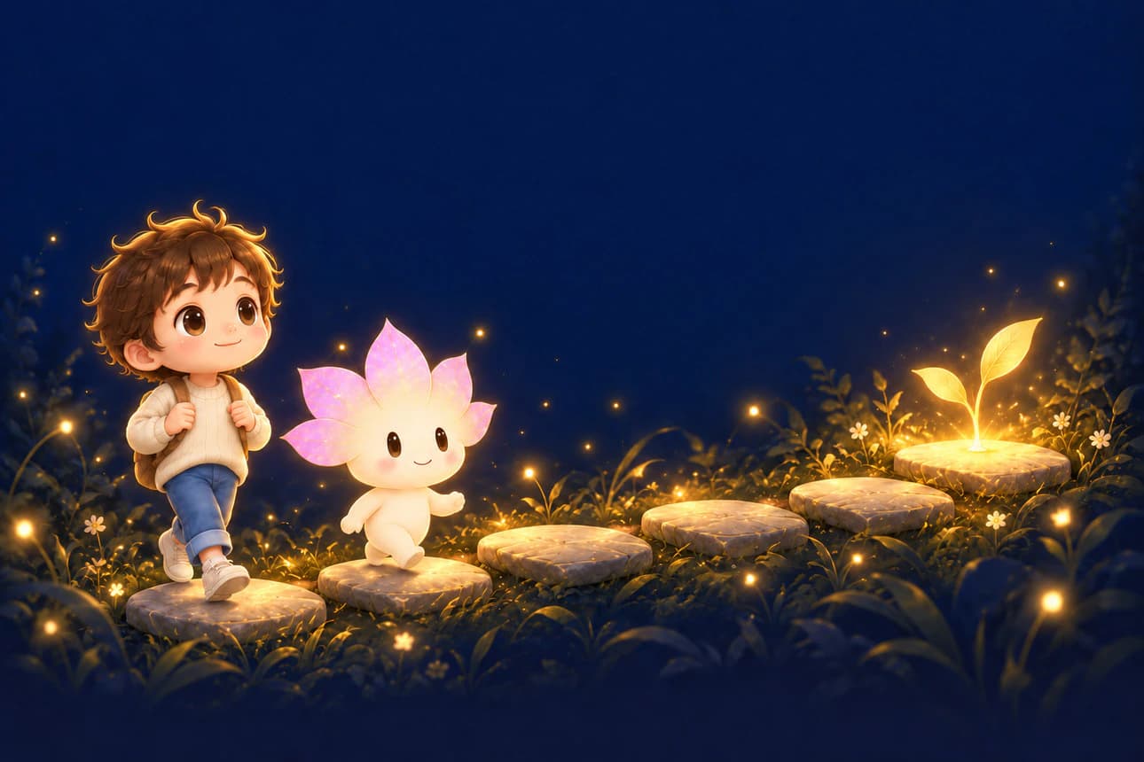 A child moving toward a bright path of six connected steps