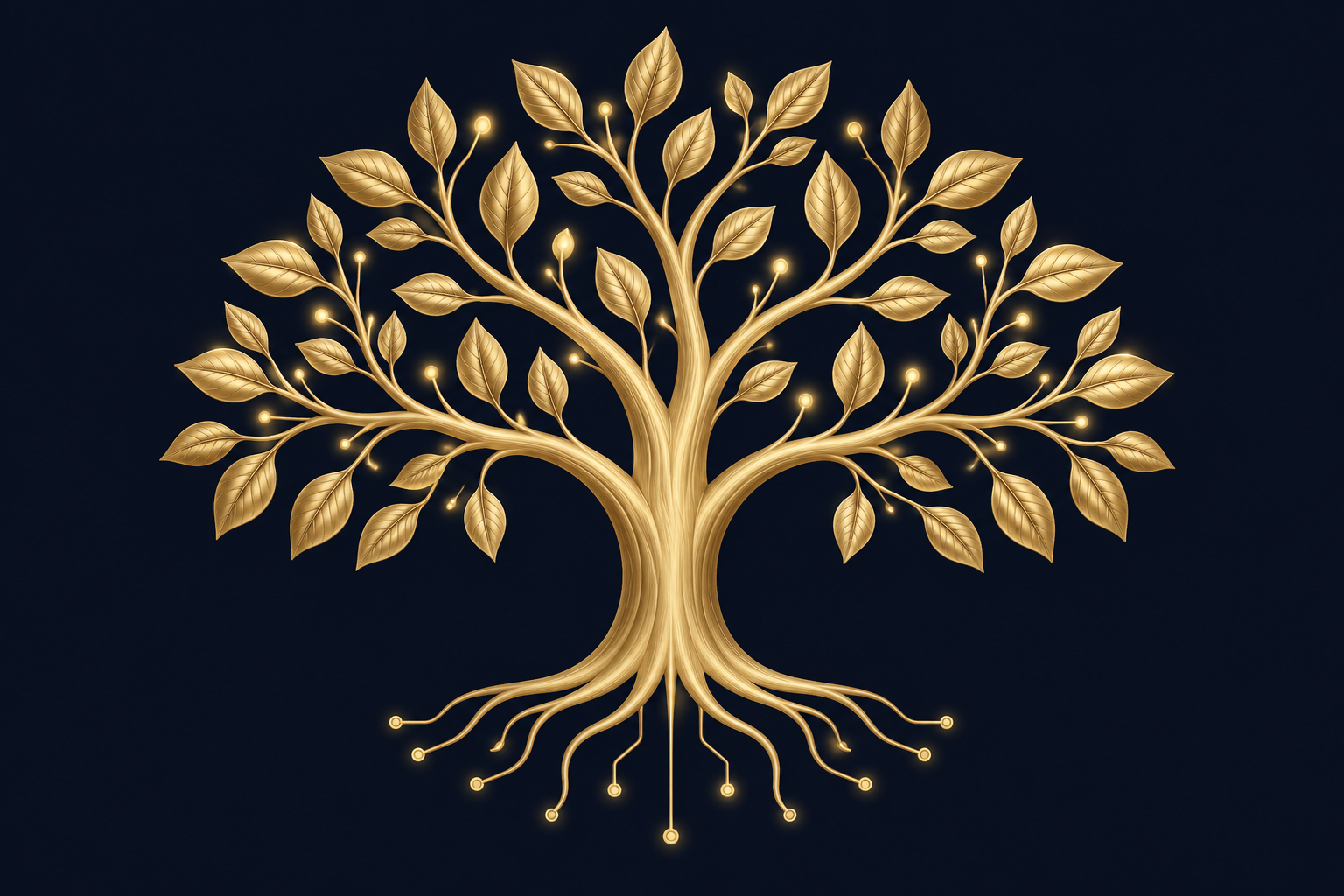 Golden tree with branching leaves and subtle digital roots